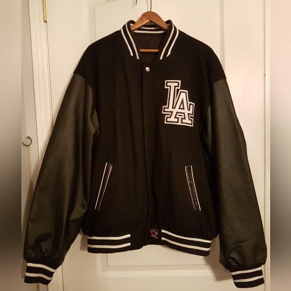 JH Design Group Reversible black LA Dodgers varsity jacket.